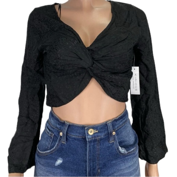 Kirious NWT Women’s Bell Sleeve‎ Satin Twist Front Crop Top Blouse  Sz M - Picture 1 of 8